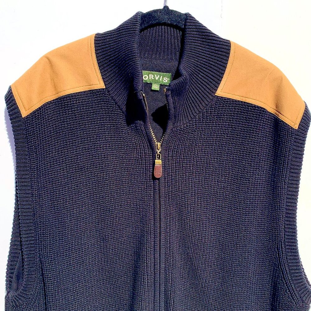 Orvis Sweater Vest Navy Chunky Full Zip Suede Shoulders XXL